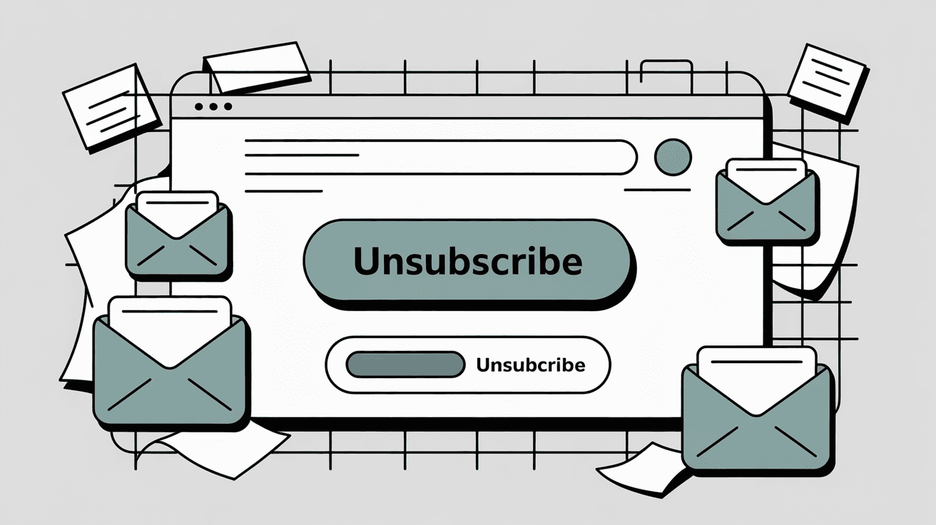 Bulk email unsubscriber interface showing multiple email subscriptions with unsubscribe buttons and email management dashboard